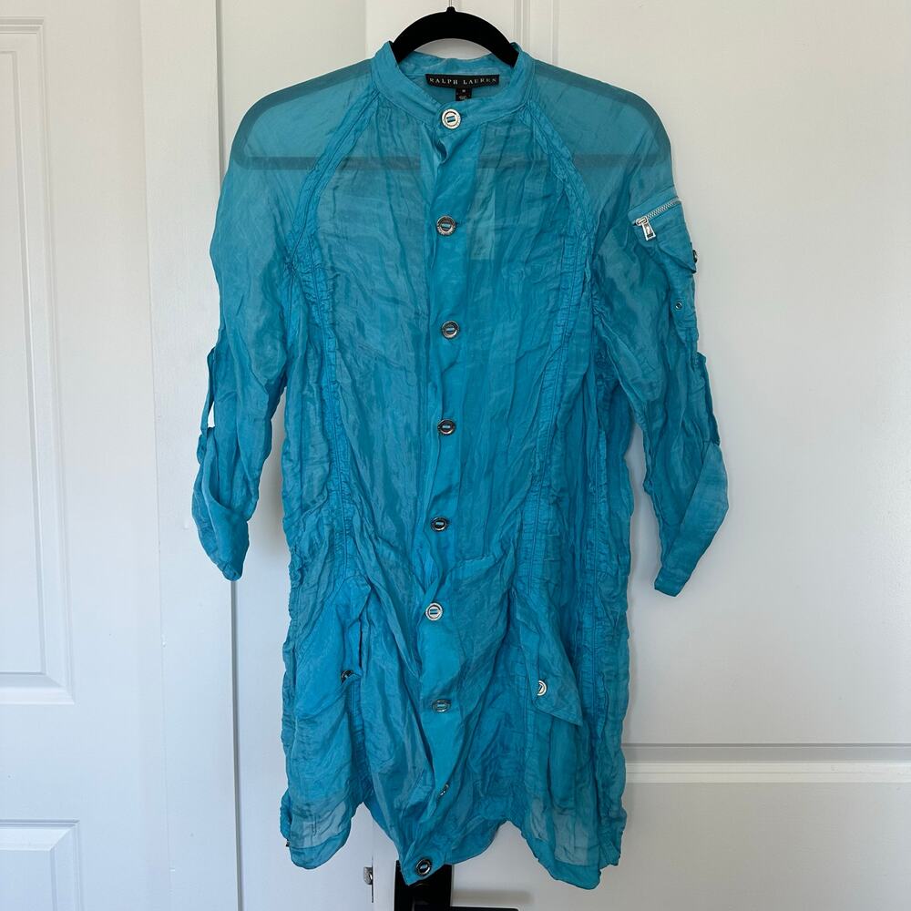 NWT! VTG Ralph Lauren Black Label (M) Blue Crinkle Silk Lightweight Blouse